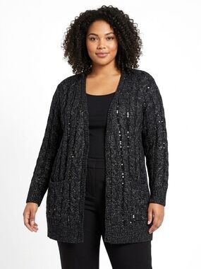 1X Laura Black Sequin Cable-Knit Button Cardigan Sweater Plus Size